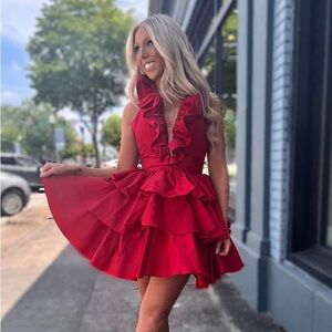 Kiss Prom Brand, Red, Size 8, A-Line Deep Halter Satin Short Dress with Ruffles.